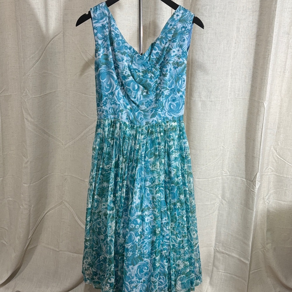 Vintage 60s Blue Floral Garden Party Dress
